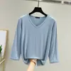 Camiseta de Modal para Mujer, Nueva de Primavera y Verano, Holgada, Color Sólido, Manga de Siete Puntos, Cuello en V, Ajustada, Camiseta Básica