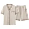 Pijama de Verano para Hombre Algodón Manga Corta Shorts Cárdigan Conjunto Delgado Moda Kimono Rayado Ropa de Casa Juvenil
