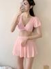 Diosa Rosa Falda de Capullo de Flor Fresca Traje de Baño de Dos Piezas Bikini de Deseo Puro de Manga Abullonada con Escote Profundo en V para Mujer
