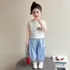 Conjunto de Verão para Meninas 2026 Novo Estiloso Fino Manga Curta Calça Repelente de Mosquitos para Menininhas Bebês Roupas de Verão Conjunto de Duas Peças