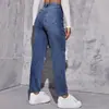 Jeans Reto Rasgado Estilo Europeu e Americano para Mulheres, Calça Longa da Moda para Exportação, Jeans de Sarja Lavada