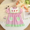 Ropa de Verano para Niñas, Vestido Infantil, Bordado de Sandía, Rayas en Bolsillos, Vestido de Manga Corta, Vestido de Princesa con Volantes