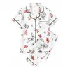 Pijama de Seda de Leche de Comercio Exterior Europeo para Mujer Primavera y Otoño Manga Corta Pantalón Largo Estampado de Gato Ropa de Casa Venta al por Mayor de Fábrica