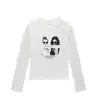 Camiseta Manga Longa Tendência Estilo Americano para Mulheres, Algodão Puro Branco, Gola Redonda, Corte Justo, Top Básico Valorizador para Mulheres