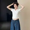 Ai Precio Real # Camiseta Blanca de Manga Corta con Cuello Polo para Mujer, Nuevo Estilo Coreano Primavera 2026, Diseño de Cintura Fruncida, Efecto Adelgazante.