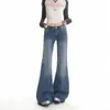 Jeans flare azul retrô de cintura baixa para mulheres, estilo americano, não apertado, elástico, calça boca de sino de perna reta