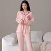 Conjunto de pijama e roupa de casa feminina de duas peças, com mangas compridas e calças compridas, em algodão puro, dupla face, costela 40 fios, 200 gramas, em estoque, pode ser usado fora de casa