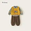 Ropa infantil Bongxuan, conjunto de niña estilo bosque, chaleco de cachorro, camisa a cuadros y pantalones joggers, conjunto de otoño de tres piezas para niño