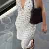 Diseño Transfronterizo Vestido Retro de Lunares con Tirantes Halter Espalda Descubierta Sexy Escote en V Profundo Ceñido a la Cadera Falda Larga para Mujer
