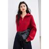 Tiro real en stock diseño cuello semi-alto cremallera suéter rojo mujer corto otoño e invierno suéter engrosado