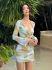 Traje de Baño Dividido Tie-Dye Estilo Coreano Nuevo para Mujer de Cuatro Piezas Sexy Halterneck Traje de Baño Bikini para Vacaciones en la Isla