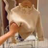 Suéter Feminino Outono e Inverno, Elegante Infantil Tendência Estilo Coreano Renda Franzida Gola Meia-Alta Cor Sólida Tricô