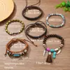 Nuevo Producto, Más Vendido Transfronterizo, Set de 6 Pulseras Apilables Multicapa, Cuero Tejido a Mano, con Cuentas, Turquesa, Aleación, Arcilla Suave