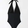 Bañador de una pieza estilo halter con escote en V profundo, nuevo estilo europeo y americano, para mujer, color liso, ajustado, sexy, para resort de aguas termales, playa