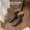 Yanshun~ En Stock Estilo Coreano Punta Redonda Hebilla de Cinturón Plisada Botas Versátiles de Media Pantorrilla Botas Cortas Planas Botas Ajustadas