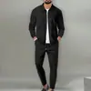 Conjunto Esportivo Casual Masculino Outono Jaqueta com Zíper Bolso Waffle Gola Lapela Manga Longa Calça Casual Adolescente