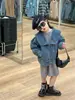 2024 Novo Outono Estilo Coreano Roupas Infantis Meninas Estilo Europeu e Americano Gola Grande Jaqueta Jeans Bebê Solta Roupa Externa