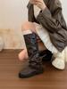 Aumento de Altura de 5cm ~ Fivela de Cinto Retrô Envelhecida Botas Cowboy Ocidentais para Mulheres no Outono e Inverno Botas Acima do Joelho Botas de Cavaleiro