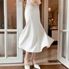 Saia Longa Ruffle de Cor Sólida Estilo Francês Cintura Alta com Design Elegante de Cauda de Peixe e Ajustada ao Corpo 20334