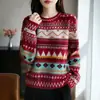 Suéter de Punto Pulóver Versátil de Cuello Redondo Estilo Étnico Retro para Mujer Elegante Bloque de Color Jacquard Holgado Top Base