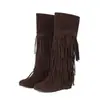 Botas de mujer versátiles de caña alta para otoño e invierno con suelas de goma, antideslizantes, botas de comercio exterior, botines planos slip-on con borlas, color liso, botas de talla grande transfronterizas