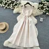 Estilo Francés Entrada Lujo Socialité Cuello Cuadrado Sin Mangas Vestido Mujer Verano Lazo en la Cintura Adelgazante Elegante Estilo Hepburn Vestido Largo