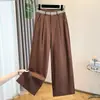 Foto real de los nuevos pantalones casuales de pierna ancha con jacquard de lino de cintura alta estilo retro para adelgazar