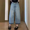 Jeans Azul Rasgado Tamanho Plus Size Comprimento Oito-Nove Pontos Feminino Verão Fino Solto para Gordinhas Cintura Alta Emagrecedor Reto Perna Larga