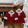 Navidad Estilo Nuevo Vestido Rojo para Bebé Niña Ropón de Encaje para Bebé Cuello de Muñeca Manga Larga Vestido de Princesa Hermanas