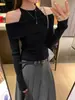 [Hilo de Mecha Lavable] Hermoso conjunto de punto de dos piezas color caqui estilo coreano para mujer, capa interior de punto de manga larga sin hombros para otoño