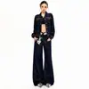 Conjunto de mezclilla para mujer con mangas largas, solapa de encaje, chaqueta de mezclilla de lyocell azul holgada y pantalones de mezclilla azul con etiquetas