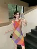 Vestido a cuadros estilo Dopamina con cuello halter sin mangas para mujer, Hermoso diseño único de verano, Vestido elegante que ciñe la cintura