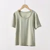 Nova Camiseta de Tencel Lyocell Fina de Verão com Gola U para Mulheres, Blusa Versátil Slim-Fit Casual Soltinha de Manga Curta para Mulheres