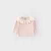 Camiseta Básica Feminina Estilo Coreano com Pequenos Detalhes Esquerdo e Direito, Moda Outono para Bebê com Gola de Renda, Blusa Lisa de Outono Infantil