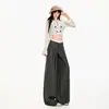 Pantalones casuales de traje transfronterizos 2026 para mujer, pierna recta holgada estilo americano, con caída y plisados, pantalones largos grises, longitud extendida gris