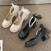 Sapatos de couro britânicos pérola femininos verão vestido fino salto grosso retro sapatos Mary Jane salto alto sapatos japoneses jk