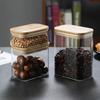Pote de Vidro Retangular Personalizado para Lanches Pote de Armazenamento de Alimentos para Cozinha para Frutas Secas e Grãos com Tampa de Bambu Pote Transparente com Tampa Hermética