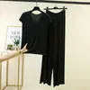 Conjunto de pijama de toque fresco para primavera e verão, camiseta redonda plus size e calça pantalona de duas peças, conjunto de casa feminino em modal adequado para sair