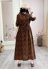 Vestido Novo Retro de Algodão e Linho Estampado com Pregas e Gola Lapela de Manga Longa com Cordão para Mulheres, Corte Amplo Afunilado Linha A