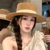 Sombrero de Paja Plano Estilo Francés para Mujer, Sombrero Tejido Estilo Old Money de Verano, Sombrero de Sol de Ala Ancha para Protección Solar en Vacaciones de Playa