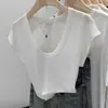 Blusa de Tricô Cinza Claro Fina com Gola U de Manga Curta 2026 Novo Estilo de Verão Slim Fit Camiseta Curta para Mulheres