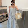 Dongdaemun INS Verano Nuevas Llegadas Estilo Francés de Nicho Estilo Resort Diseño de Patchwork Lateral Raya Vestido Camisola Mujer