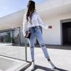 Jeans de Nueve Puntos para Mujer, Corte Ajustado, Sencillos, Rasgados, Lavados, Estilo Europeo y Americano, Excedente de Exportación, Entrega Rápida, Hechos a Medida, Tiro Alto