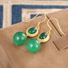 Pendientes de plata de ley S925 con cuerpo entero, chapados en oro, con cuentas redondas ovaladas, para mujer, estilo étnico, vintage, de calcedonia verde, con gancho para la oreja.