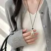 Colar com pingente de pentagrama colorido com corrente de puxar de cordão encerado, toque de luxo leve e de alta qualidade, corrente para moletom de outono e inverno, acessório de corrente longa para suéter