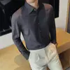 Camisa masculina de verão em fibra de bambu anti-rugas sem ferro, gola one-line, botões ocultos, manga longa, fina, para trabalho e dia a dia