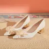 Champanhe francês strass flor salto alto plus size feminino temperamento bico fino sapatos de casamento salto grosso não cansa os pés sapatos de salto 34-43