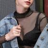 Camisa de malha de malha de colarinho de dupla camada de parede dupla de manga comprida feminina de manga comprida de gola alta transparente dourada e prata