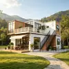 Casa comercial modular de múltiples cajas con empalme escalonado, plataforma de madera al aire libre para ocio, tienda de té y postres en zona escénica