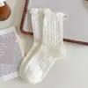 Calcetines de Encaje de Verano para Mujer, Estilo Ballet, Calcetines Blancos Finos Simples con Volantes a Media Pantorrilla, Calcetines Caídos, Calcetines Largos JK